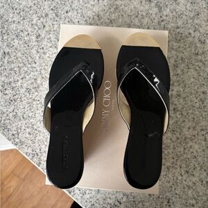 Jimmy Choo Pathos Platform Wedge Cork Thong Sandal Black Patent Leather size 37